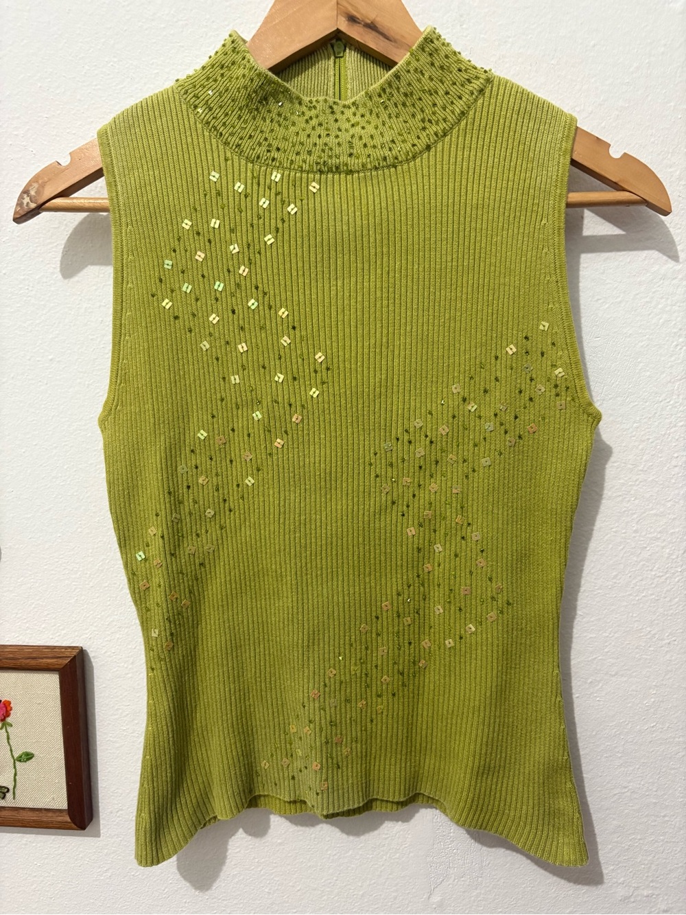 Y2K Sleeveless Mock Turtleneck Neck Sequin Ribbed Top - Lime Green